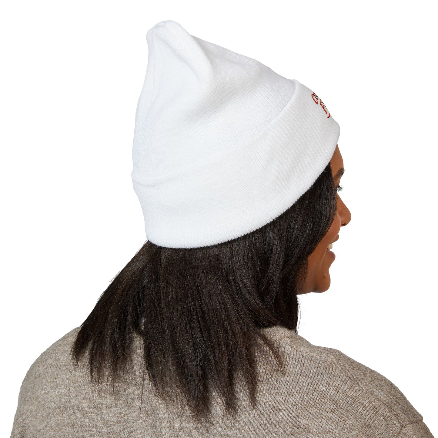 Culturally Fluent Beanie — White Knit, Orange Thread