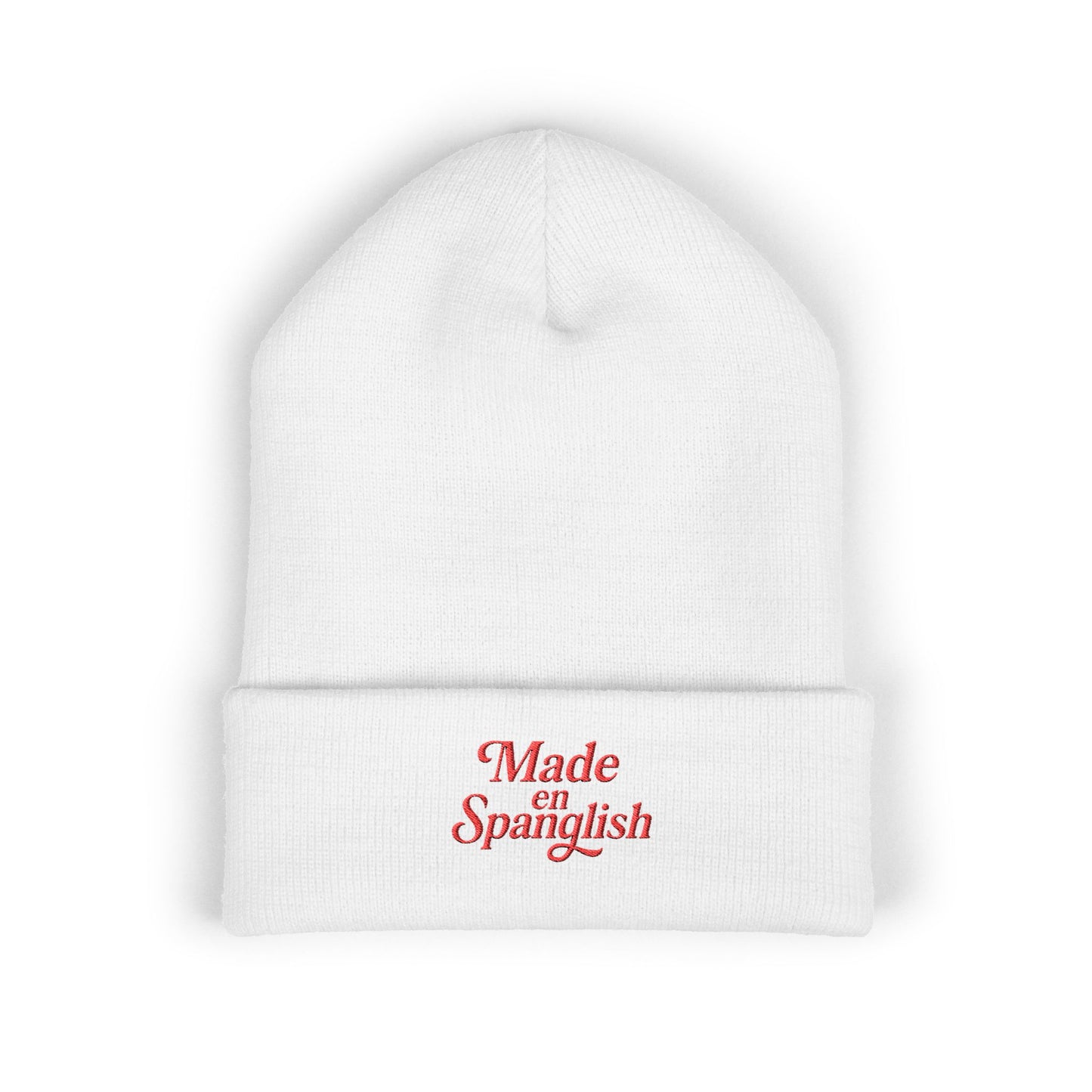Made en Spanglish Beanie — White Knit with Red Thread