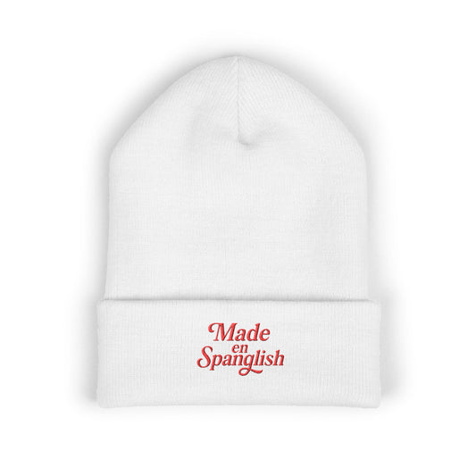 Made en Spanglish Beanie — White Knit with Red Thread