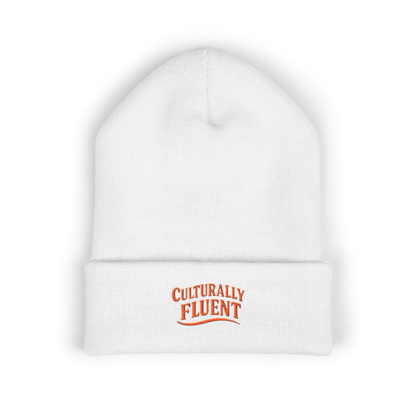 Culturally Fluent Beanie — White Knit, Orange Thread