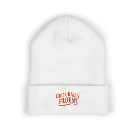 Culturally Fluent Beanie — White Knit, Orange Thread