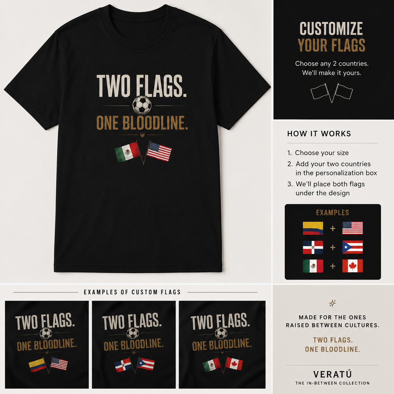 Custom Two Flags One Bloodline Soccer T-Shirt | Personalized Country Flags Tee